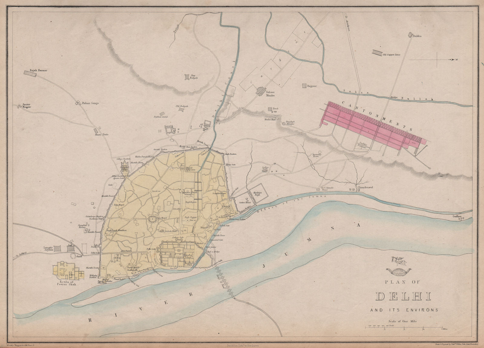 Town/city 'PLAN OF DELHI AND ITS ENVIRONS'. Cantonments. India. WELLER 1863 map